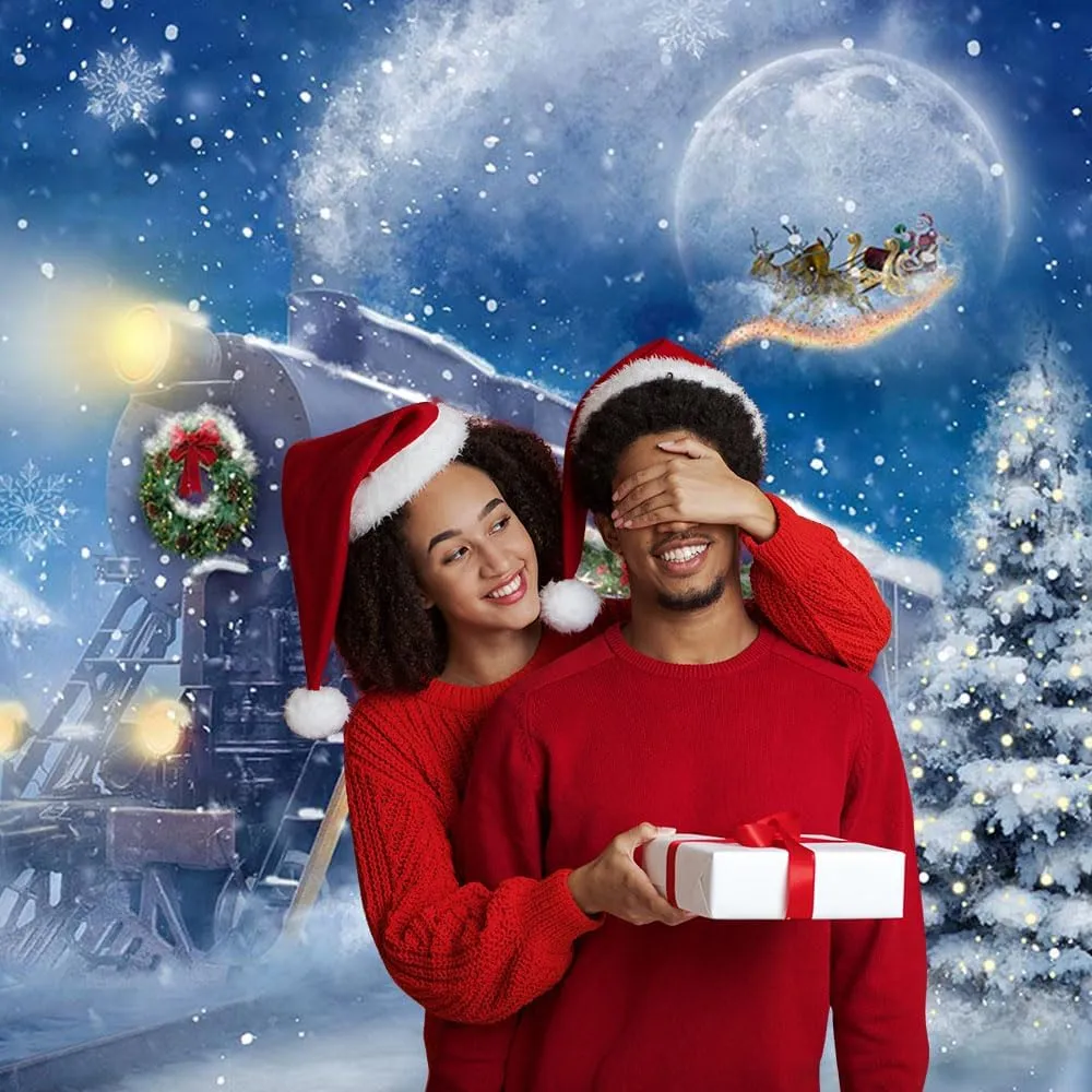 Avezano Christmas Train Backdrop Snow Night Christmas Polar Express Backdrop Moon Santa Claus Railway Photography Background Xmas Day Party Banner Decoration (7x5ft, 83x59inch)