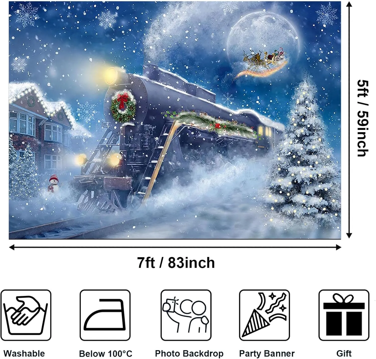 Avezano Christmas Train Backdrop Snow Night Christmas Polar Express Backdrop Moon Santa Claus Railway Photography Background Xmas Day Party Banner Decoration (7x5ft, 83x59inch)