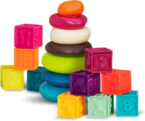 B. toys- B. baby –Baby Blocks & Stacking – 10 Numbered Blocks & 5 Colorful Rings – Building Play Set for Infants – Educational Toys – One Two Squeeze & Stacking Stones - 6 Months  