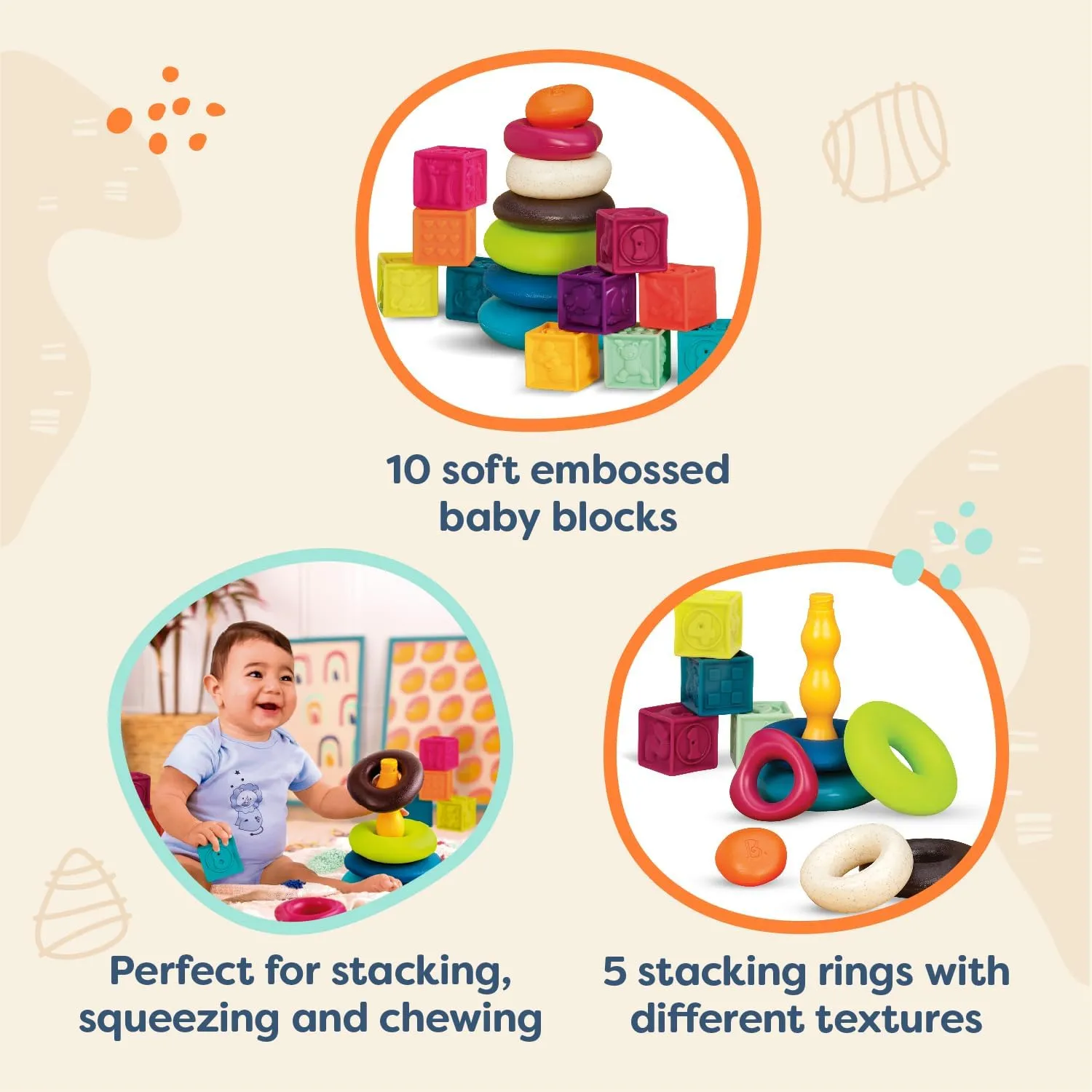 B. toys- B. baby –Baby Blocks & Stacking – 10 Numbered Blocks & 5 Colorful Rings – Building Play Set for Infants – Educational Toys – One Two Squeeze & Stacking Stones - 6 Months  