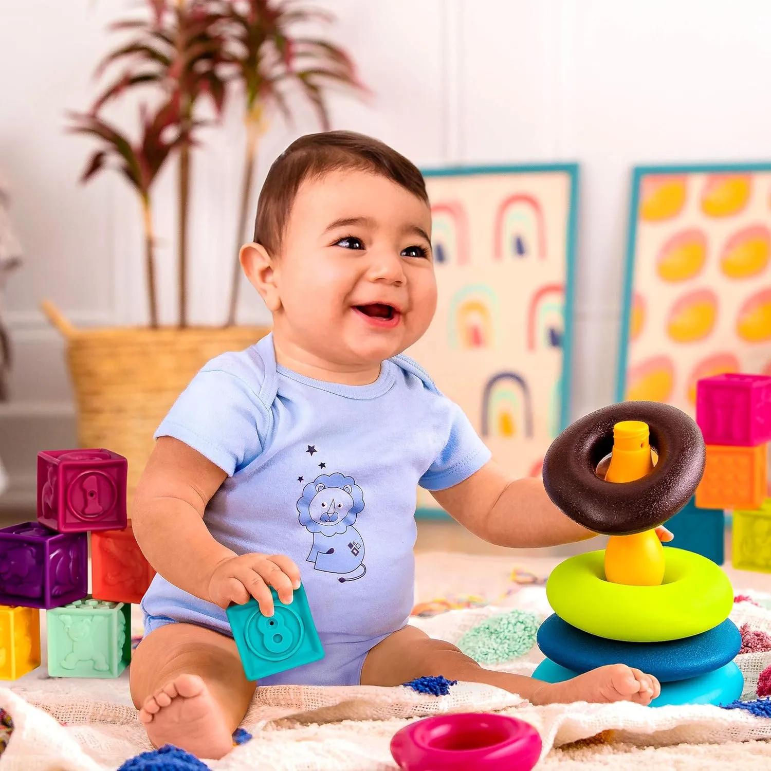 B. toys- B. baby –Baby Blocks & Stacking – 10 Numbered Blocks & 5 Colorful Rings – Building Play Set for Infants – Educational Toys – One Two Squeeze & Stacking Stones - 6 Months  