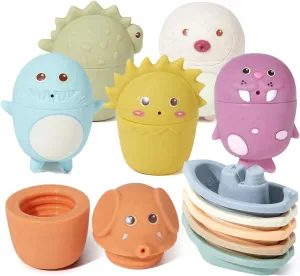 Baby Bath Toys | 11PCS Mold-Free Stacking Boats & Animal Squirters | Sensory Bathtub Toys for Babies 6-12M & Toddlers 1-3Y | Water Table Pool Toys Educational Gift