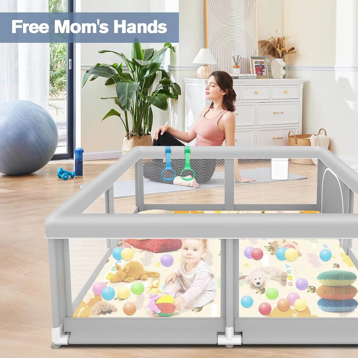 Baby Playpen with Mat, 50 x 50 inch, PlayPen for Babies and Toddlers, Sturdy Safety Play Pen with Soft Breathable Mesh (Ball and Pull Rings Included)