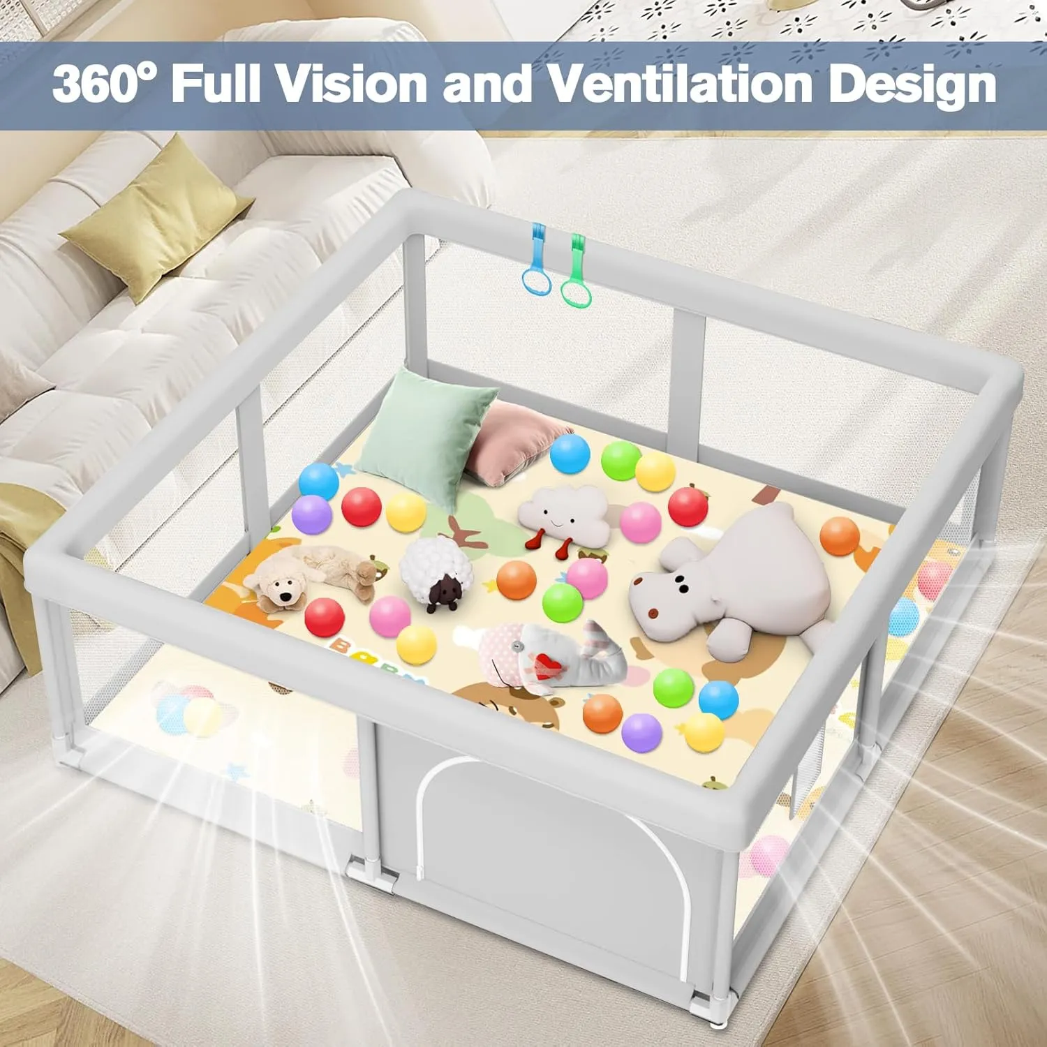 Baby Playpen with Mat, 50 x 50 inch, PlayPen for Babies and Toddlers, Sturdy Safety Play Pen with Soft Breathable Mesh (Ball and Pull Rings Included)