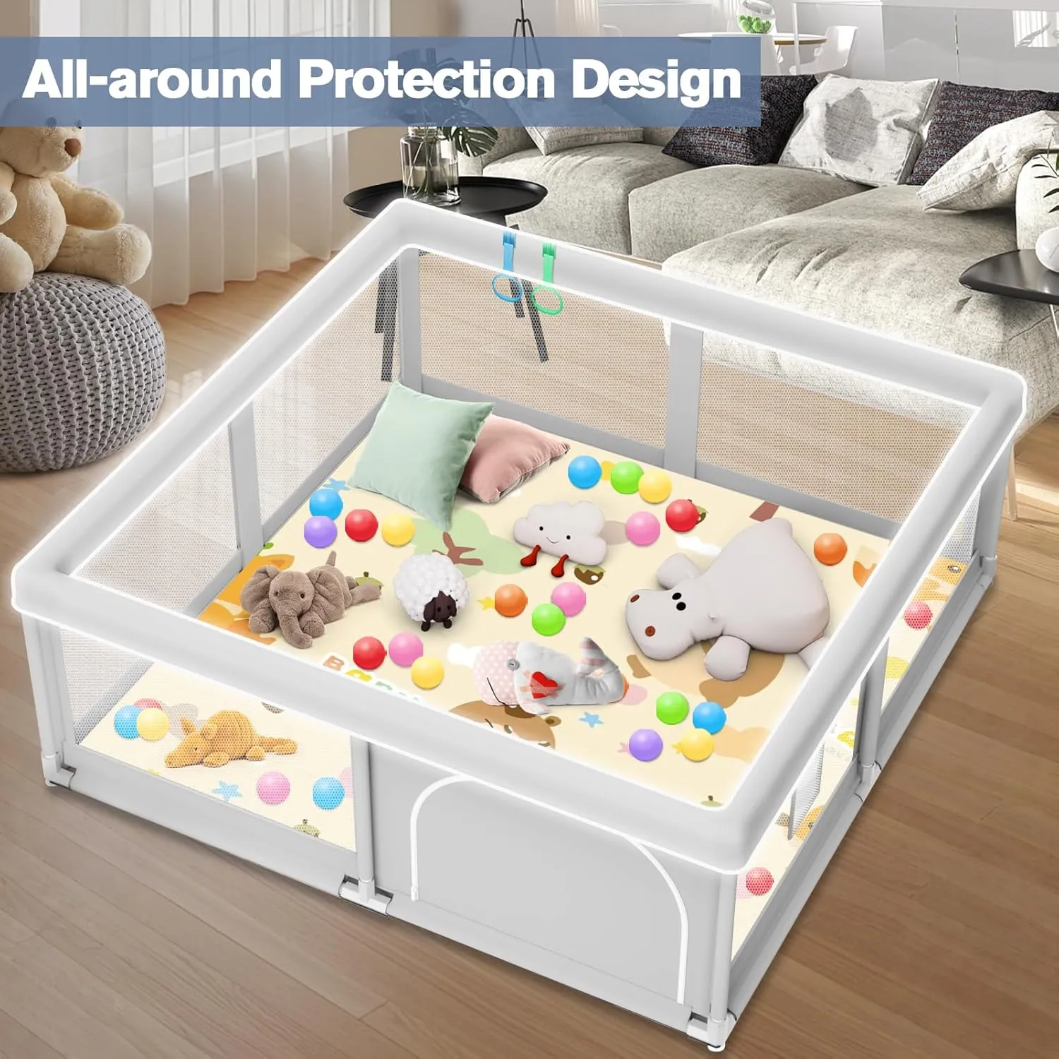 Baby Playpen with Mat, 50 x 50 inch, PlayPen for Babies and Toddlers, Sturdy Safety Play Pen with Soft Breathable Mesh (Ball and Pull Rings Included)