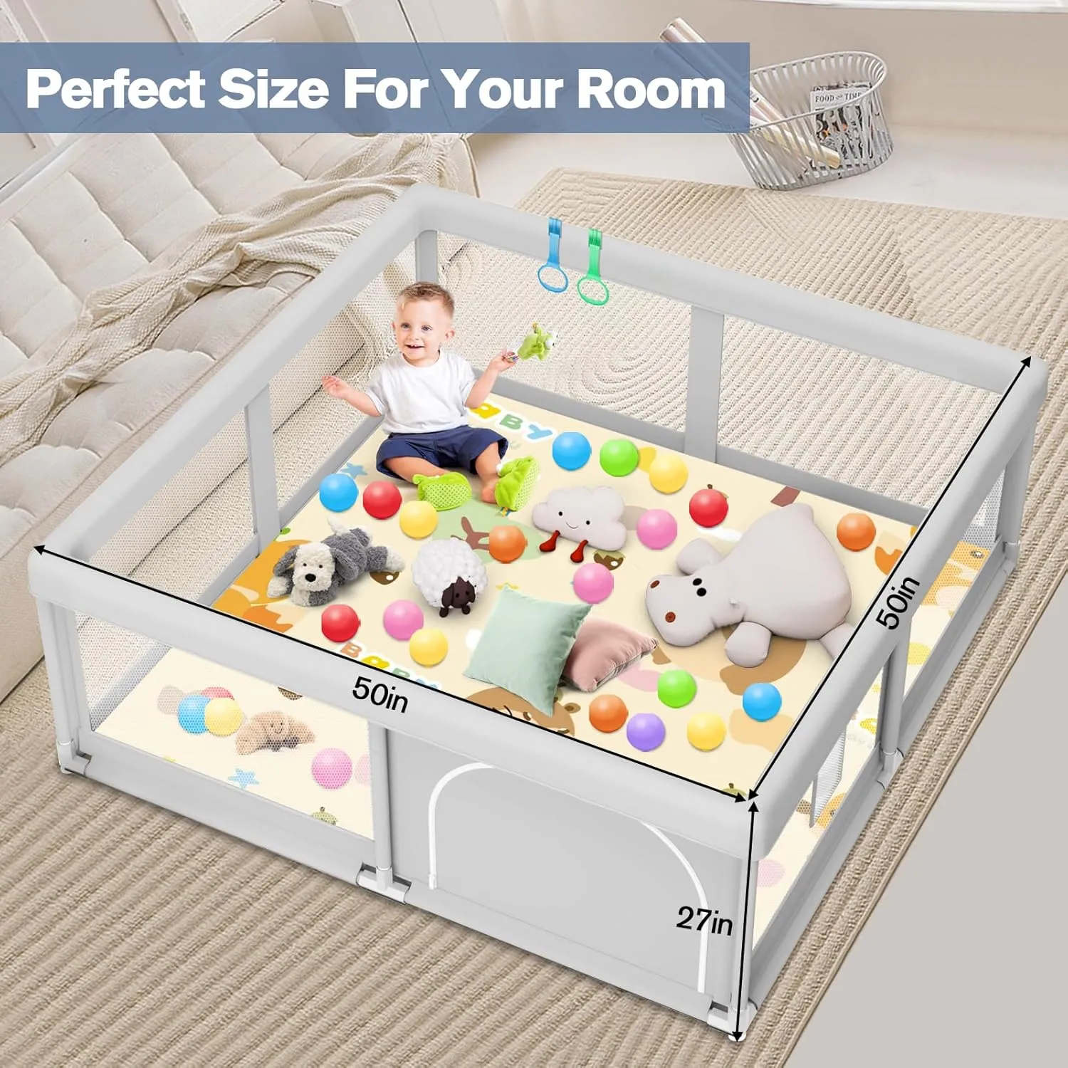 Baby Playpen with Mat, 50 x 50 inch, PlayPen for Babies and Toddlers, Sturdy Safety Play Pen with Soft Breathable Mesh (Ball and Pull Rings Included)