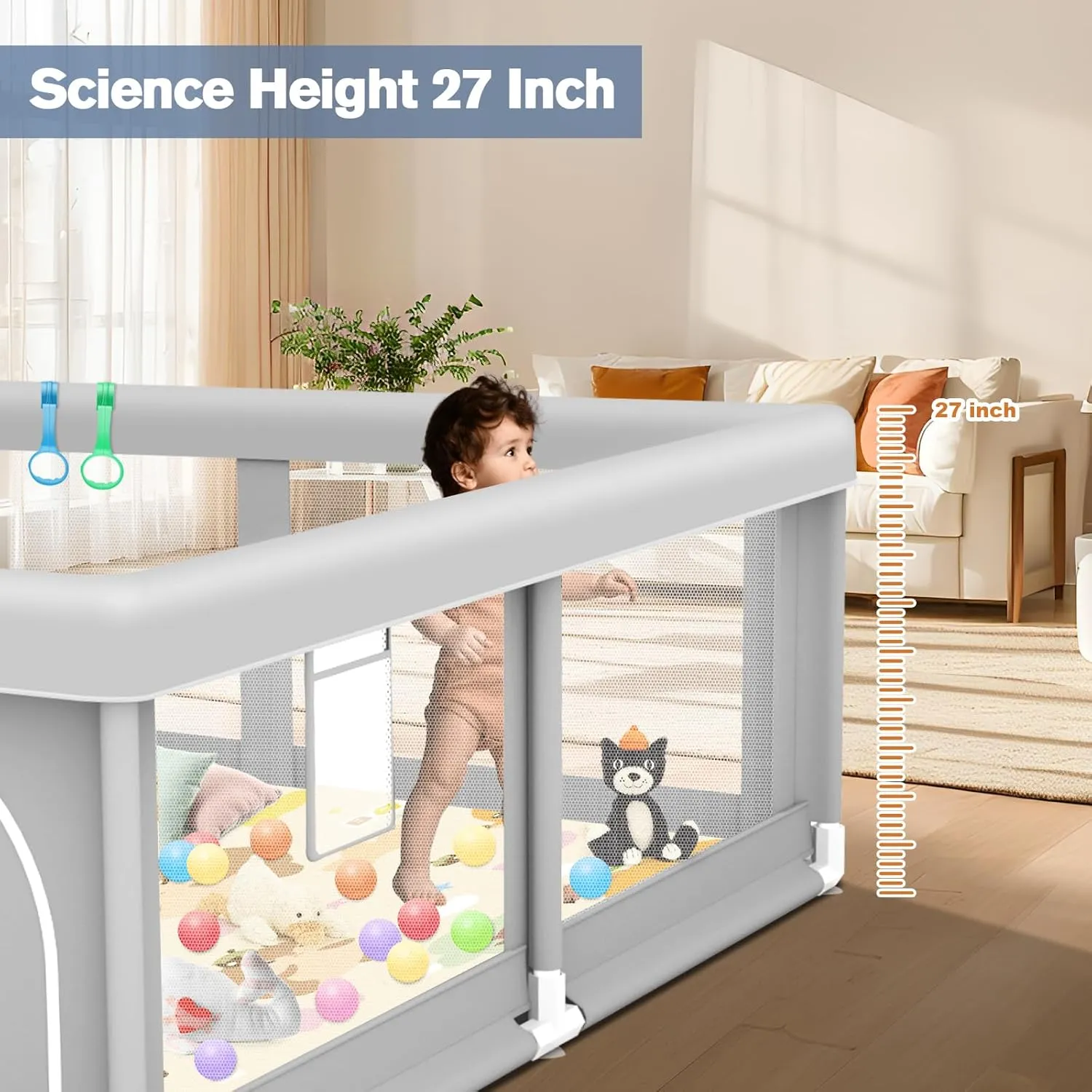 Baby Playpen with Mat, 50 x 50 inch, PlayPen for Babies and Toddlers, Sturdy Safety Play Pen with Soft Breathable Mesh (Ball and Pull Rings Included)