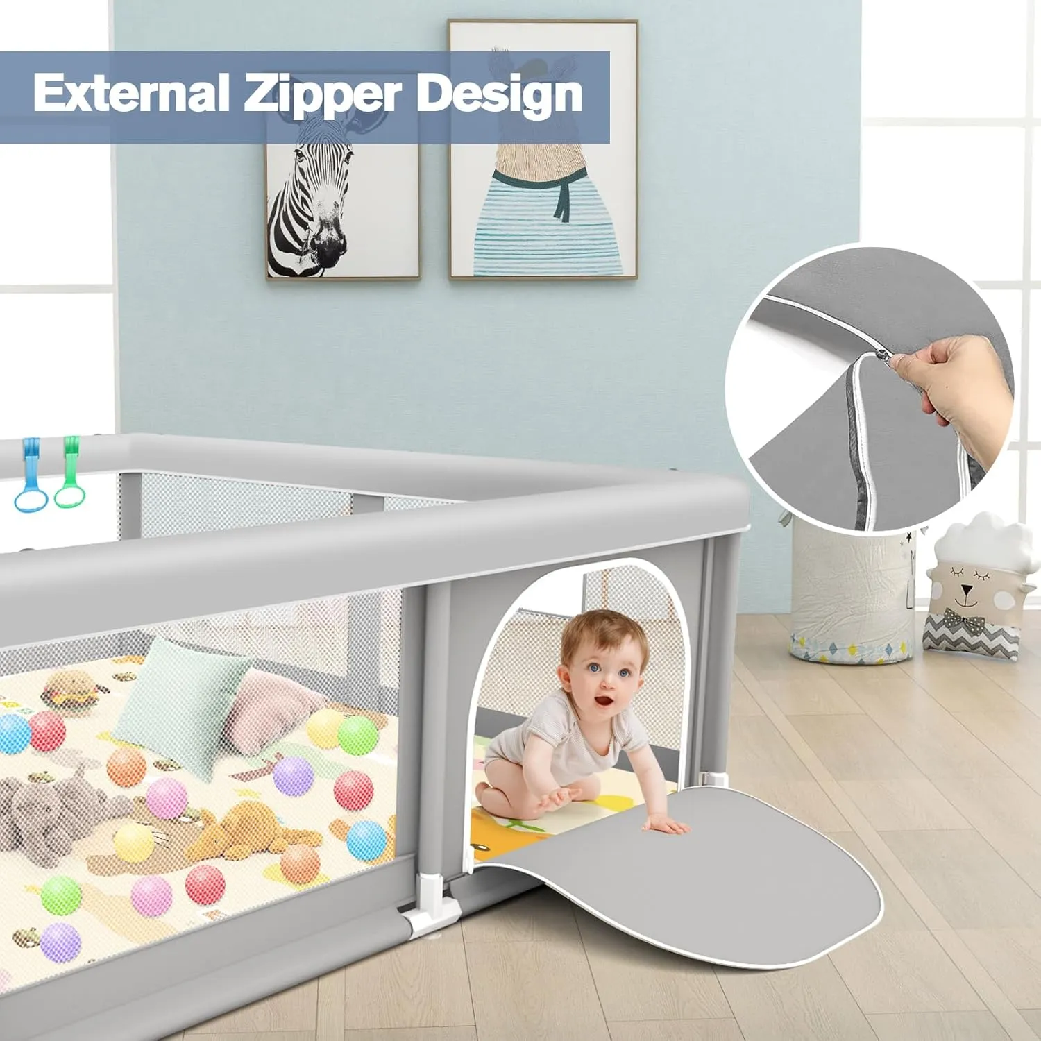 Baby Playpen with Mat, 50 x 50 inch, PlayPen for Babies and Toddlers, Sturdy Safety Play Pen with Soft Breathable Mesh (Ball and Pull Rings Included)