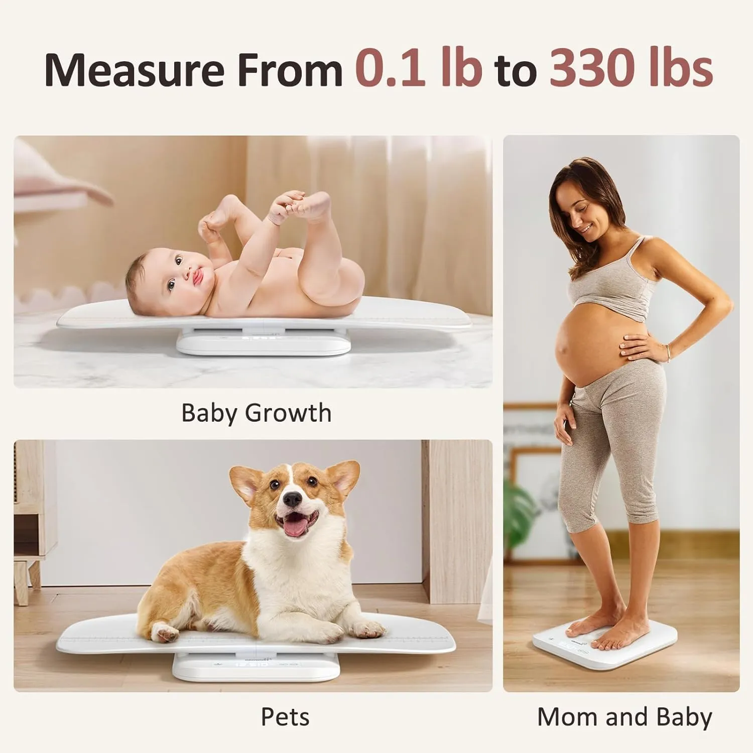 Baby Scale, Multifunctional Baby Weight Scale, Pet Scale for Puppy, Cat, Adult Scale Up to 330lbs, Accurate Digital Scale with Hold Function, 27-inch Height Measurement, 5 Units, LED Screen