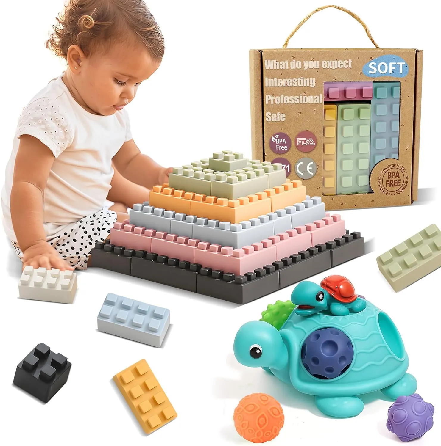 Baby Sensory Toys Turtle Toys Bright Color Textured Multi Soft Balls and Soft Building Blocks, Montessori Educational Toy Soft Baby Blocks for Teething Gifts