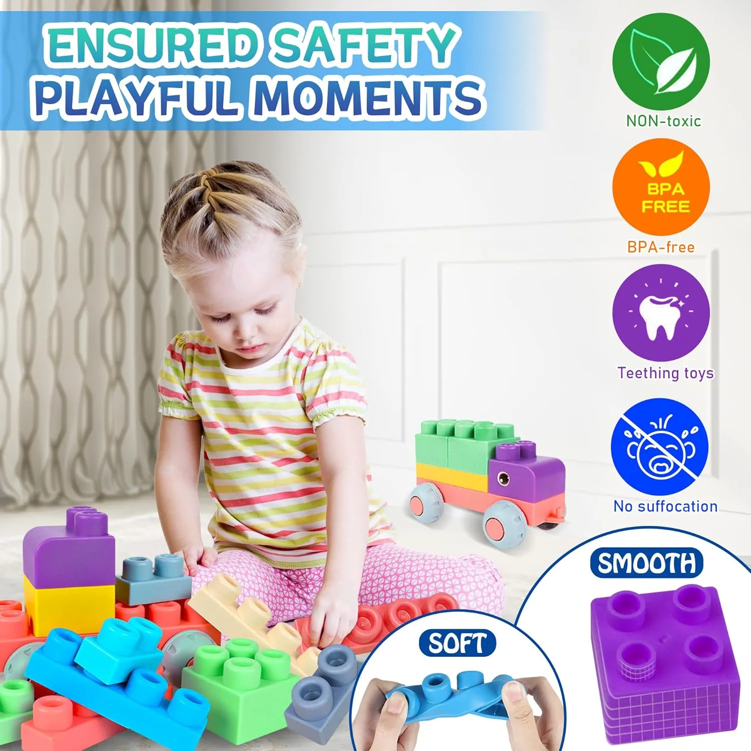 Baby Soft Blocks Set, Big Building Block Toys, Soft Rubber Blocks for Babies 6 Months and Up STEM Educational Toddler Gifts, Baby Soft Blocks Sensory Stacking Toys, 80PCS