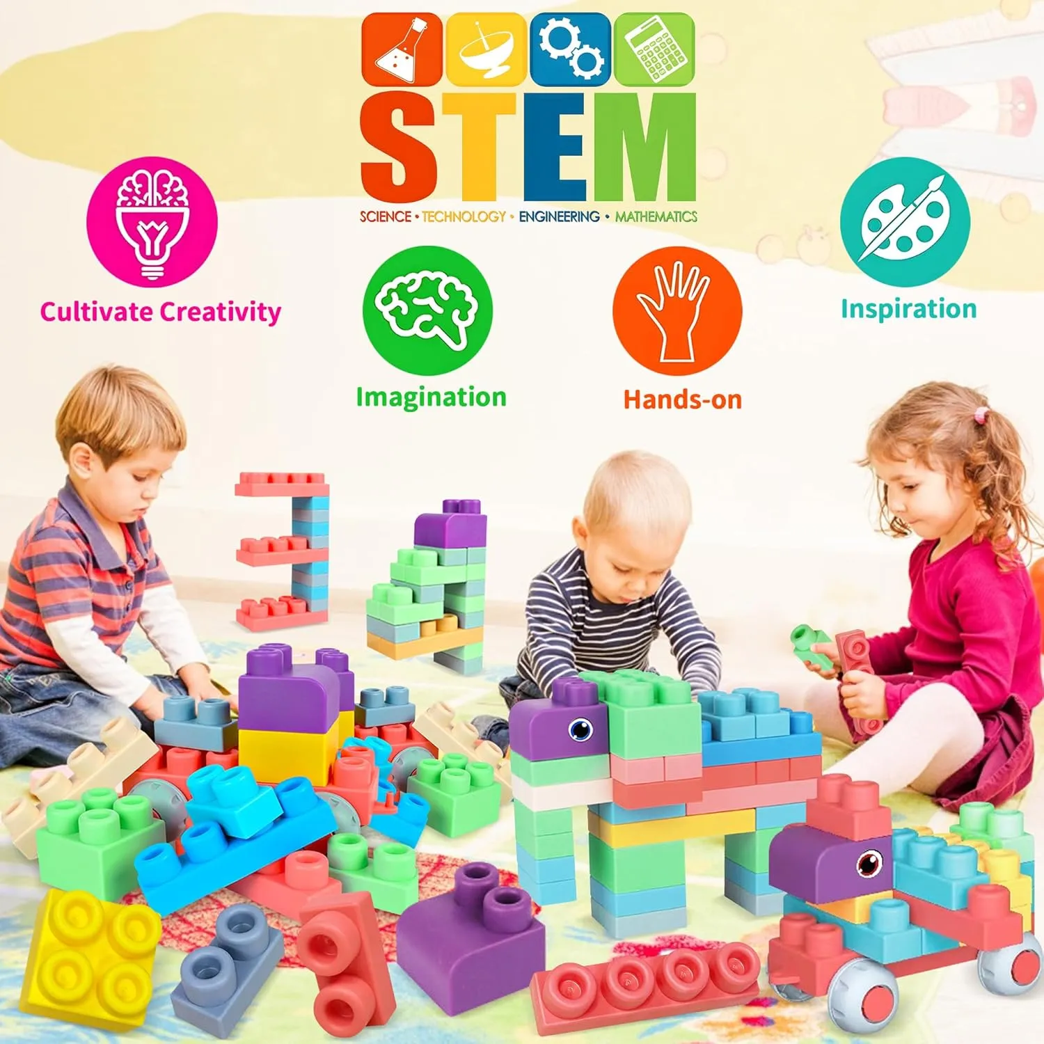 Baby Soft Blocks Set, Big Building Block Toys, Soft Rubber Blocks for Babies 6 Months and Up STEM Educational Toddler Gifts, Baby Soft Blocks Sensory Stacking Toys, 80PCS