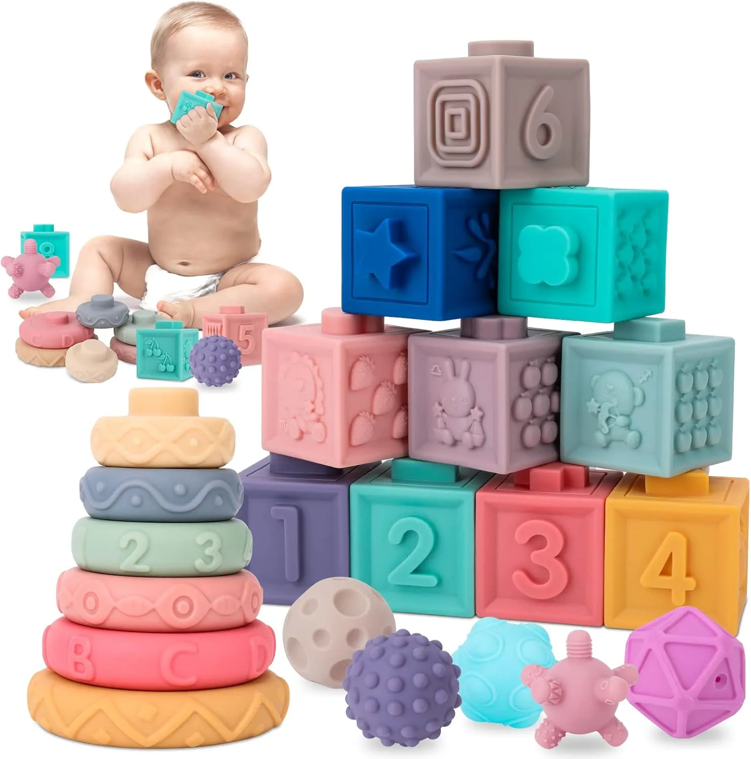 Baby Toys 6-12 Months, 3 in 1 Montessori Toys for Babies 6-12 Months, Incl Stacking Building Blocks & Soft Infant Teething Toys & Sensory Balls for Toddlers for Baby