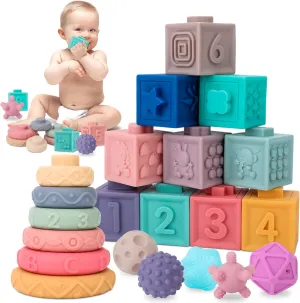 Baby Toys 6-12 Months, 3 in 1 Montessori Toys for Babies 6-12 Months, Incl Stacking Building Blocks & Soft Infant Teething Toys & Sensory Balls for Toddlers for Baby