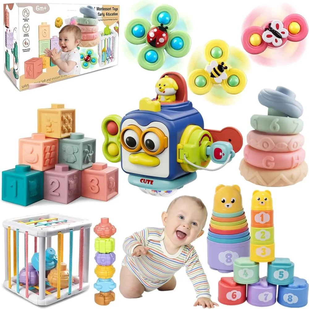 Baby Toys 6-12 Months, Montessori Toys for Toddlers 1-3 Year Old, Busy Cube Teether Infants Bath 6 in 1 Stacking Blocks Rings, Suction Cup Spinner, Shape Bin Sensory (0035)