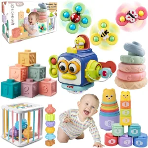 Baby Toys 6-12 Months, Montessori Toys for Toddlers 1-3 Year Old, Busy Cube Teether Infants Bath 6 in 1 Stacking Blocks Rings, Suction Cup Spinner, Shape Bin Sensory (0035)