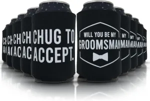 Bachelor Party Can Cooler, Groomsmen and Best Man Can Sleeves, 6 Pack Insulated Beverage Sleeve, Team Groom Favors for Stag Party & Wedding Party (Set of 6)