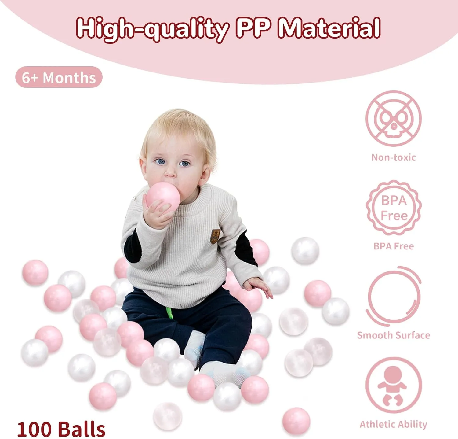 Ball Pit Balls 100 Phthalate Free BPA Free Crush Proof 2.16 Inches Plastic Balls for Ball Pit Ideal Gift for Toddlers Babies Kids Pool Water Toys Play Tent, Pearl White, Pearl Pink, Clear