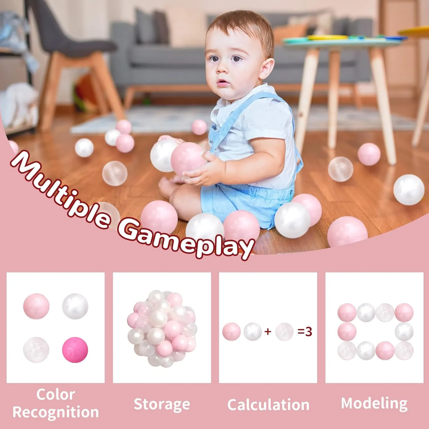 Ball Pit Balls 100 Phthalate Free BPA Free Crush Proof 2.16 Inches Plastic Balls for Ball Pit Ideal Gift for Toddlers Babies Kids Pool Water Toys Play Tent, Pearl White, Pearl Pink, Clear