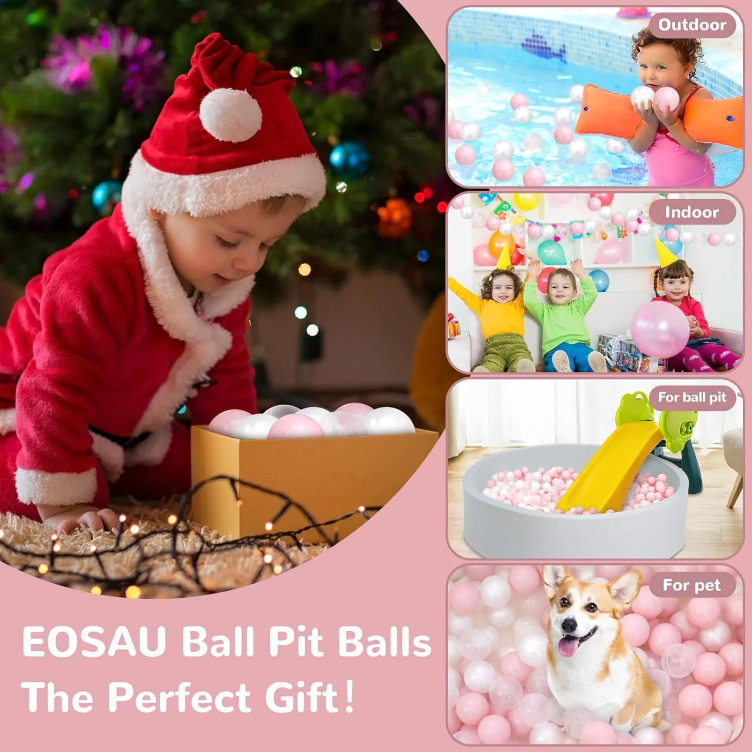 Ball Pit Balls 100 Phthalate Free BPA Free Crush Proof 2.16 Inches Plastic Balls for Ball Pit Ideal Gift for Toddlers Babies Kids Pool Water Toys Play Tent, Pearl White, Pearl Pink, Clear