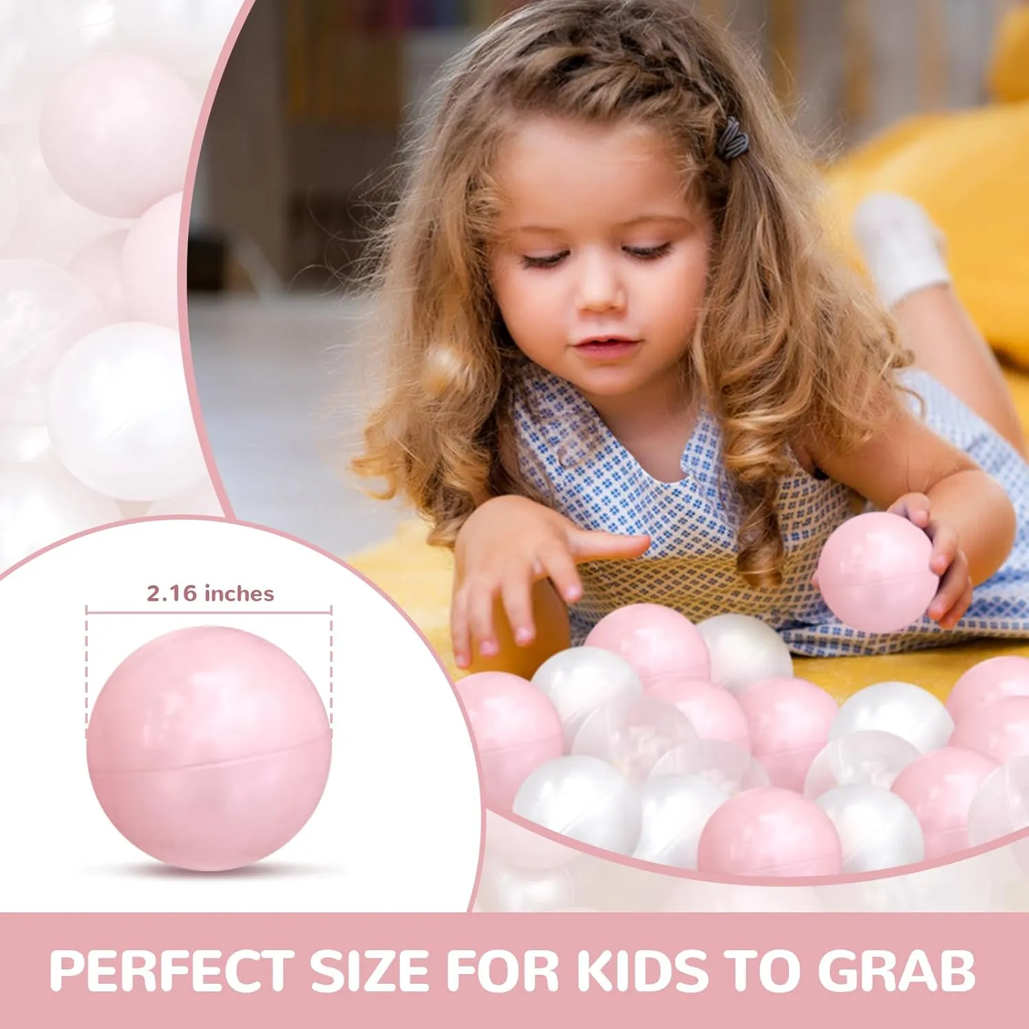 Ball Pit Balls 100 Phthalate Free BPA Free Crush Proof 2.16 Inches Plastic Balls for Ball Pit Ideal Gift for Toddlers Babies Kids Pool Water Toys Play Tent, Pearl White, Pearl Pink, Clear