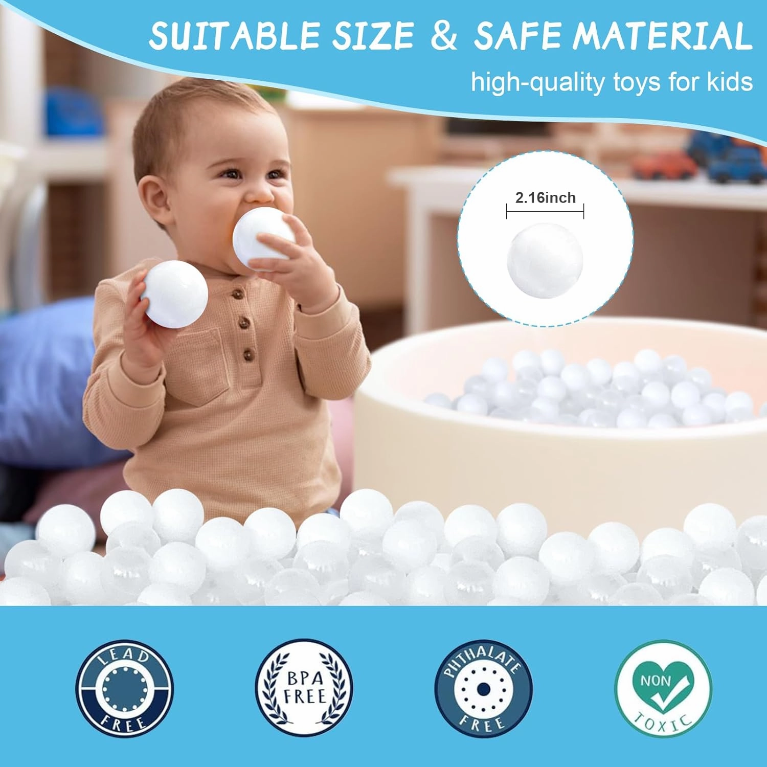 Ball Pit Balls 100 for Toddlers Crush Proof Plastic Balls for Ball Pit Phthalate Free BPA Free Colorful Pit Balls for Kids Babies Pool Play Tent Gift 2.2 Inches (White and Clear)