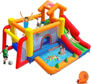 Baralir 7-in-1 Bounce House for Kids 3–10, Bouncy Castle with Long Slide, Kiddie Pool (Ball Pit), Soccer Goal, Climbing Wall, Basketball Hoop and Ring Toss Game - for Indoor or Backyard Fun