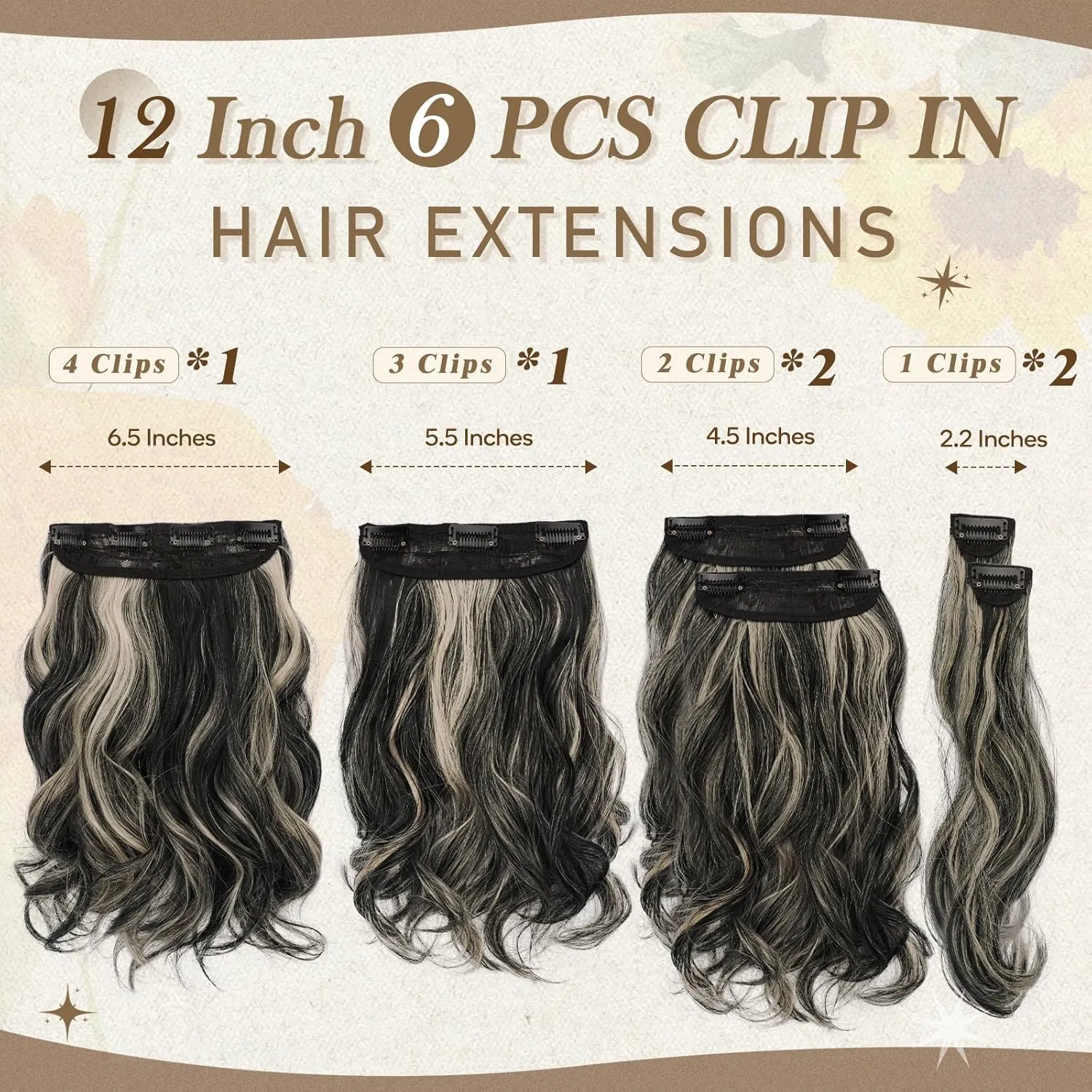 BARSDAR Wavy Clip-in Hair Extensions - 12 Inch Highlight - 6PCs Thick Soft Synthetic Clip-in Hairpieces Daily Party Halloween - Black with Blonde