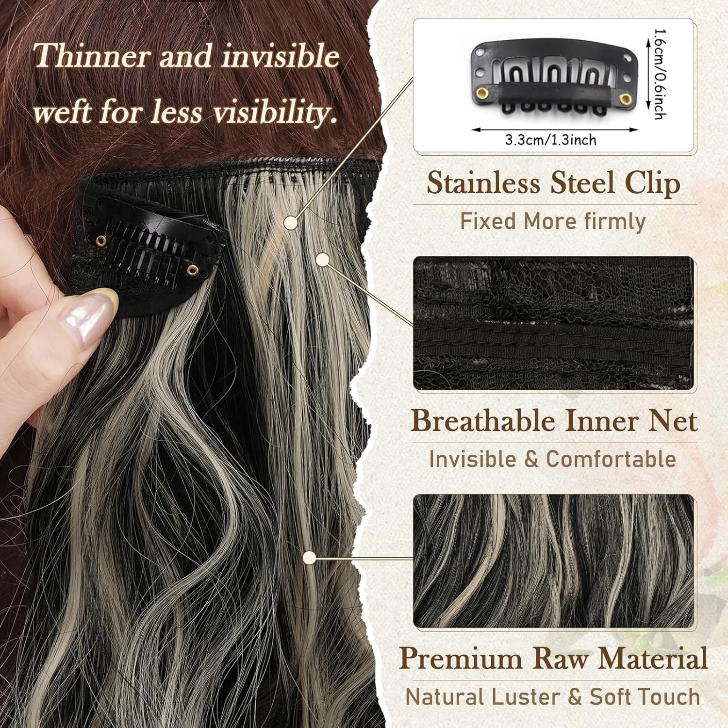 BARSDAR Wavy Clip-in Hair Extensions - 12 Inch Highlight - 6PCs Thick Soft Synthetic Clip-in Hairpieces Daily Party Halloween - Black with Blonde