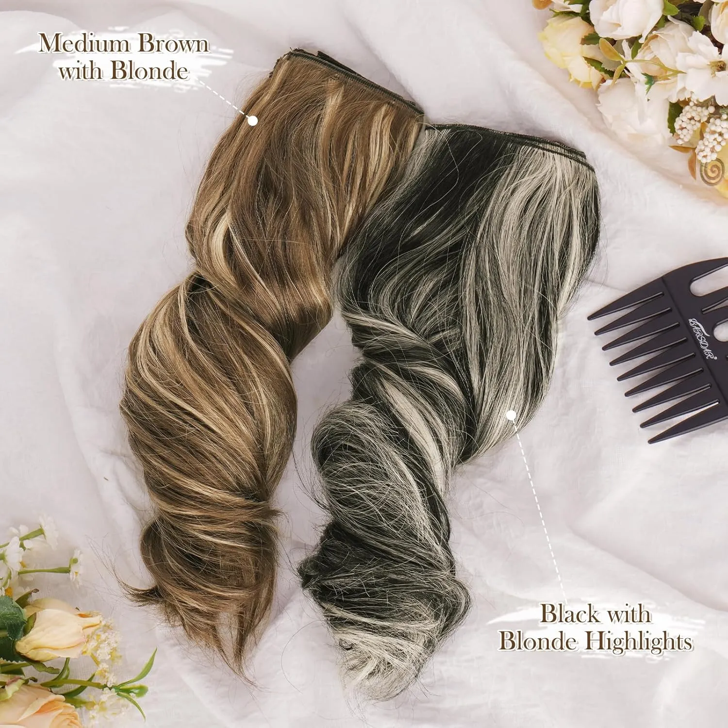 BARSDAR Wavy Clip-in Hair Extensions - 12 Inch Highlight - 6PCs Thick Soft Synthetic Clip-in Hairpieces Daily Party Halloween - Black with Blonde