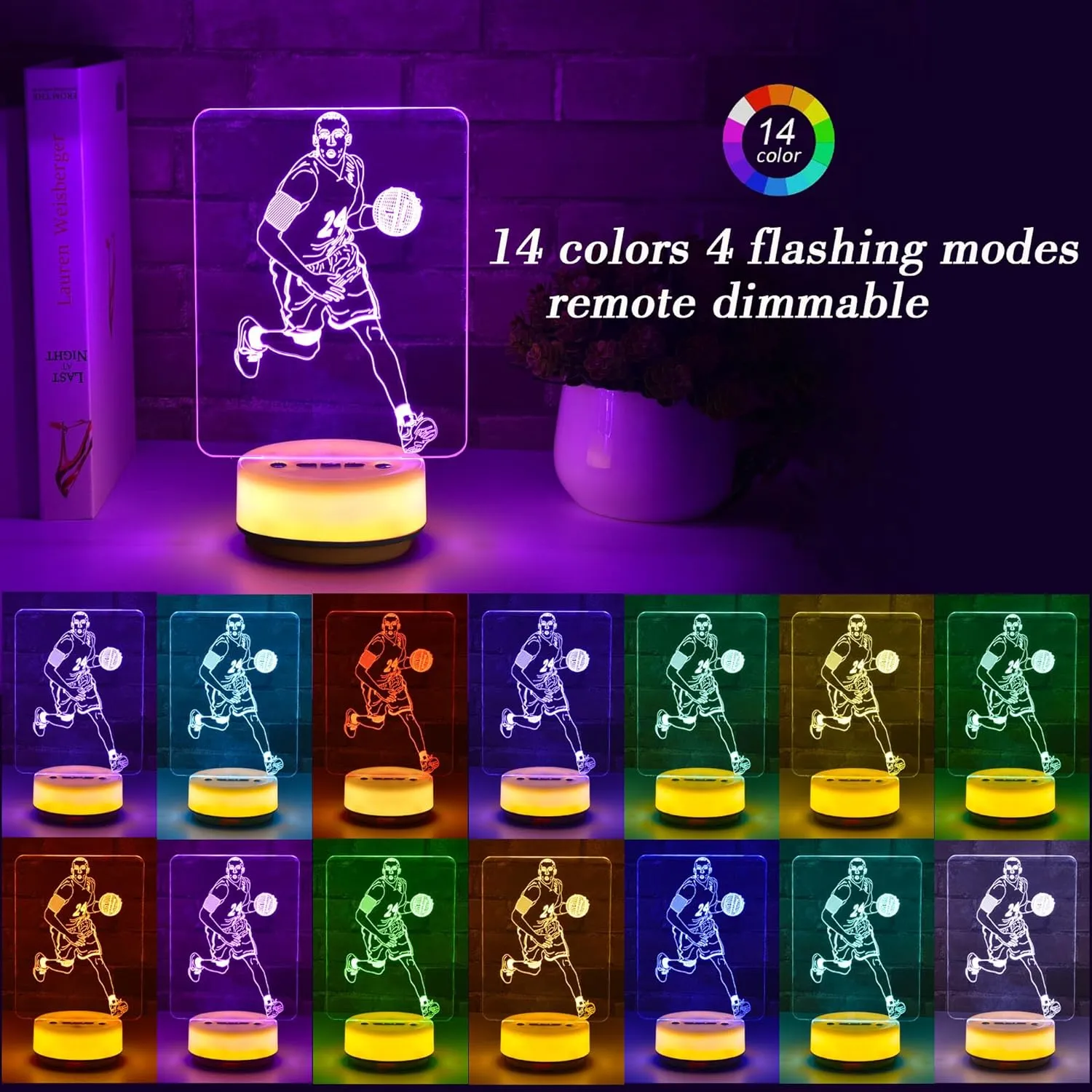 Basketball Night Light, LED Lamp with 14 Colors, Dimmable, Rechargeable, Remote Control, Modern Design for Kids, Adults, Living Room, Bedroom