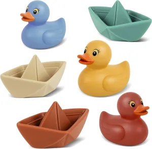 Bath Toys for Kids Ages 1-3, Floating Boat & Spraying Duck Baby Bathtub Toys Set, Toddler Soft and Textured Sensory Montessori Gifts for Infant Shower 6 Pack