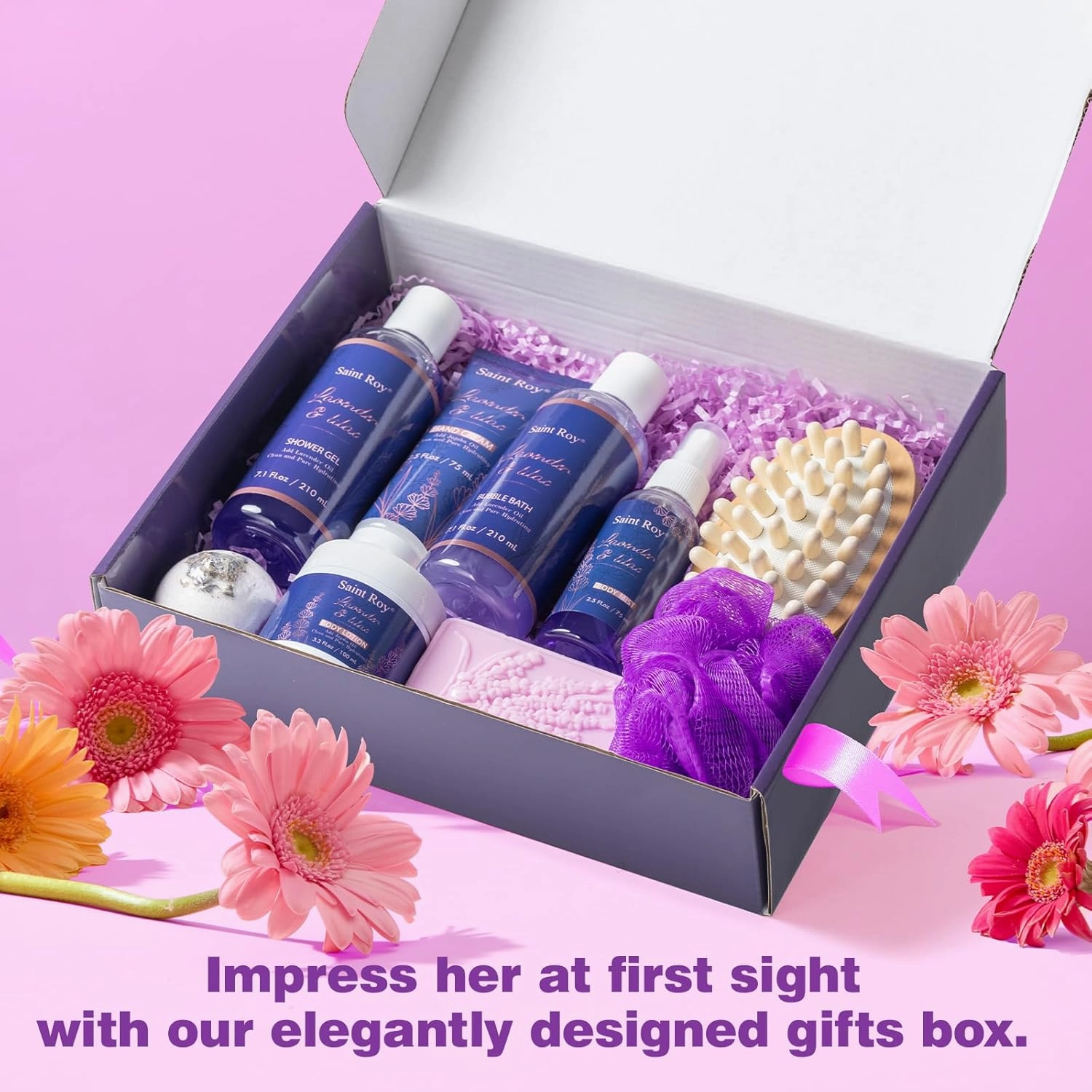 Bath and Body Gift Basket for Women and Men - Lavender Relaxing Spa Set With Massage Body Rush, Bath Bomb - Birthday Gifts for Her, Mom - Unique Self Care Idea