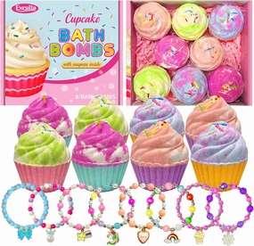 Bath Bombs for Kids with Surprise Jewelry Inside, 8 Cupcake Bath Bombs for Girls Gift Set, Handmade Fizzes Balls with Rich Bubble Bath, Ideal for Chrildren Birthday Christmas