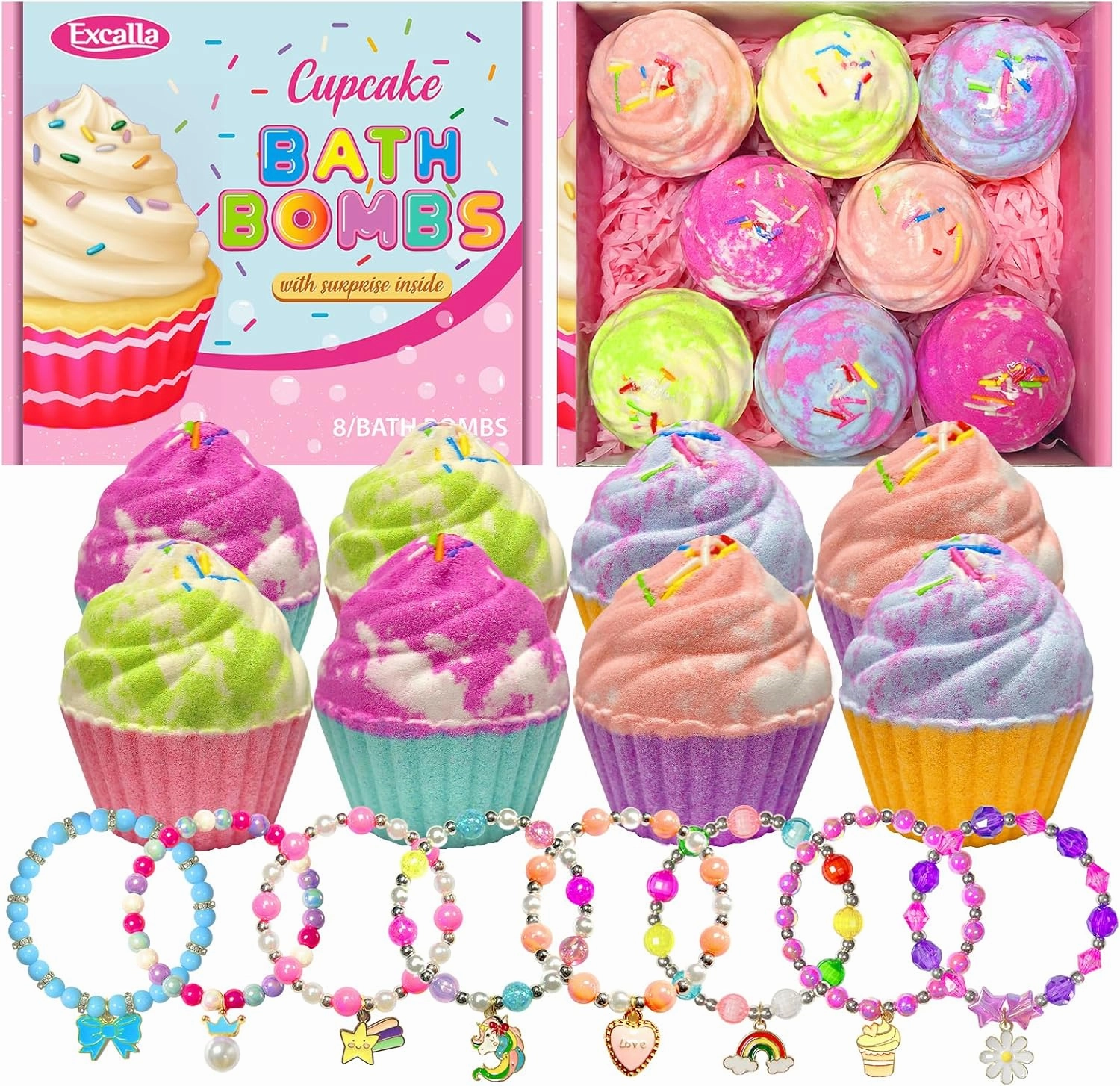 Bath Bombs for Kids with Surprise Jewelry Inside, 8 Cupcake Bath Bombs for Girls Gift Set, Handmade Fizzes Balls with Rich Bubble Bath, Ideal for Chrildren Birthday Christmas