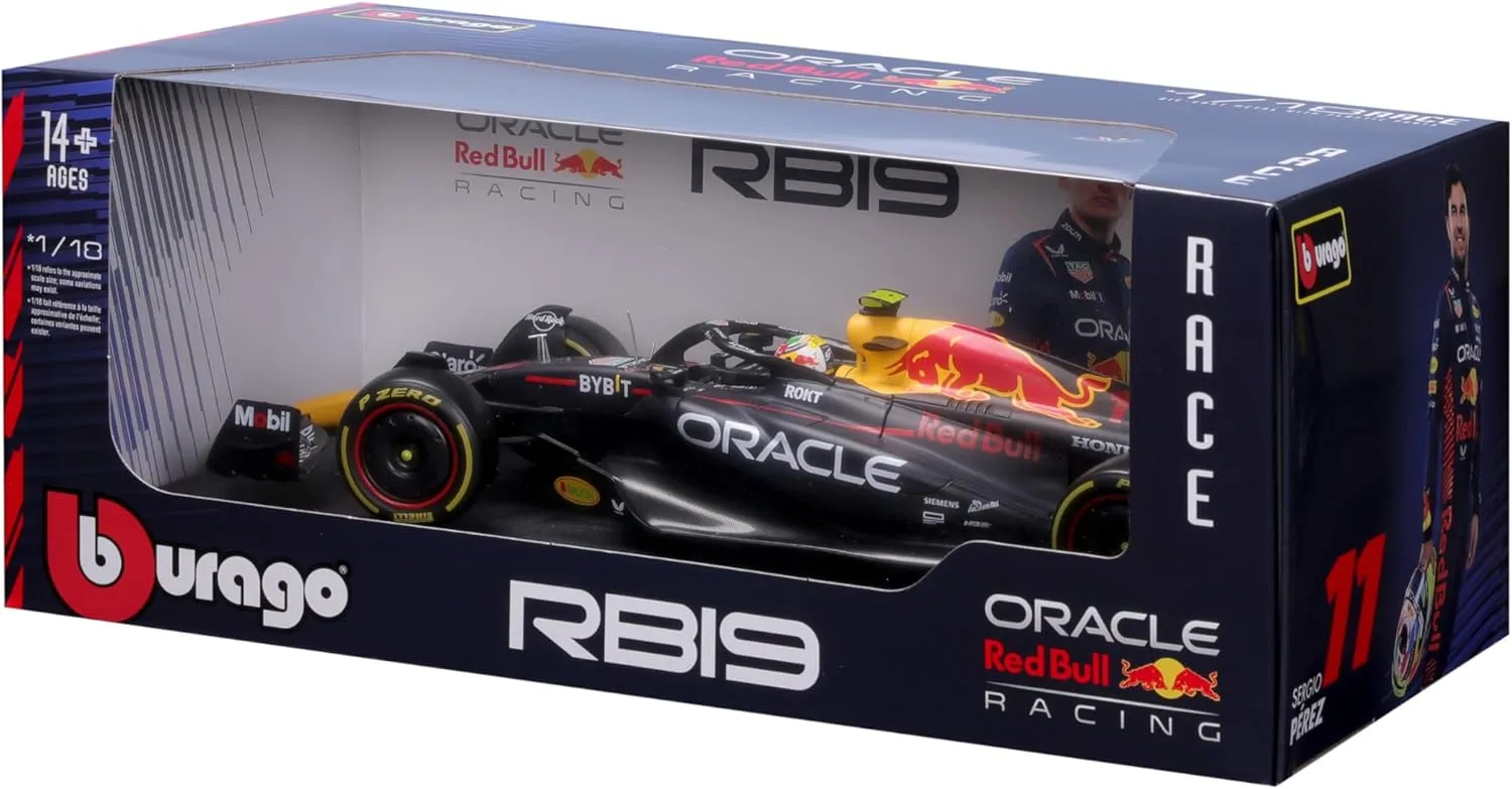 Bburago 1:18 Race Oracle Red Bull Racing RB19 (2023) with Driver Helmet, Perez #11
