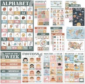 BEAWART 18 Modern Boho Educational Posters for Preschoolers - Laminated Pre-K and Kindergarten Learning Poster Charts for Toddlers 1-3-5 - Homeschool and Classroom Decor for Kids' Walls