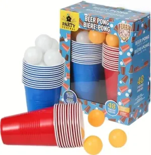 Beer Pong Game Set, 48 Pieces, 12 Red and 12 Blue Reusable Cups with 24 Balls