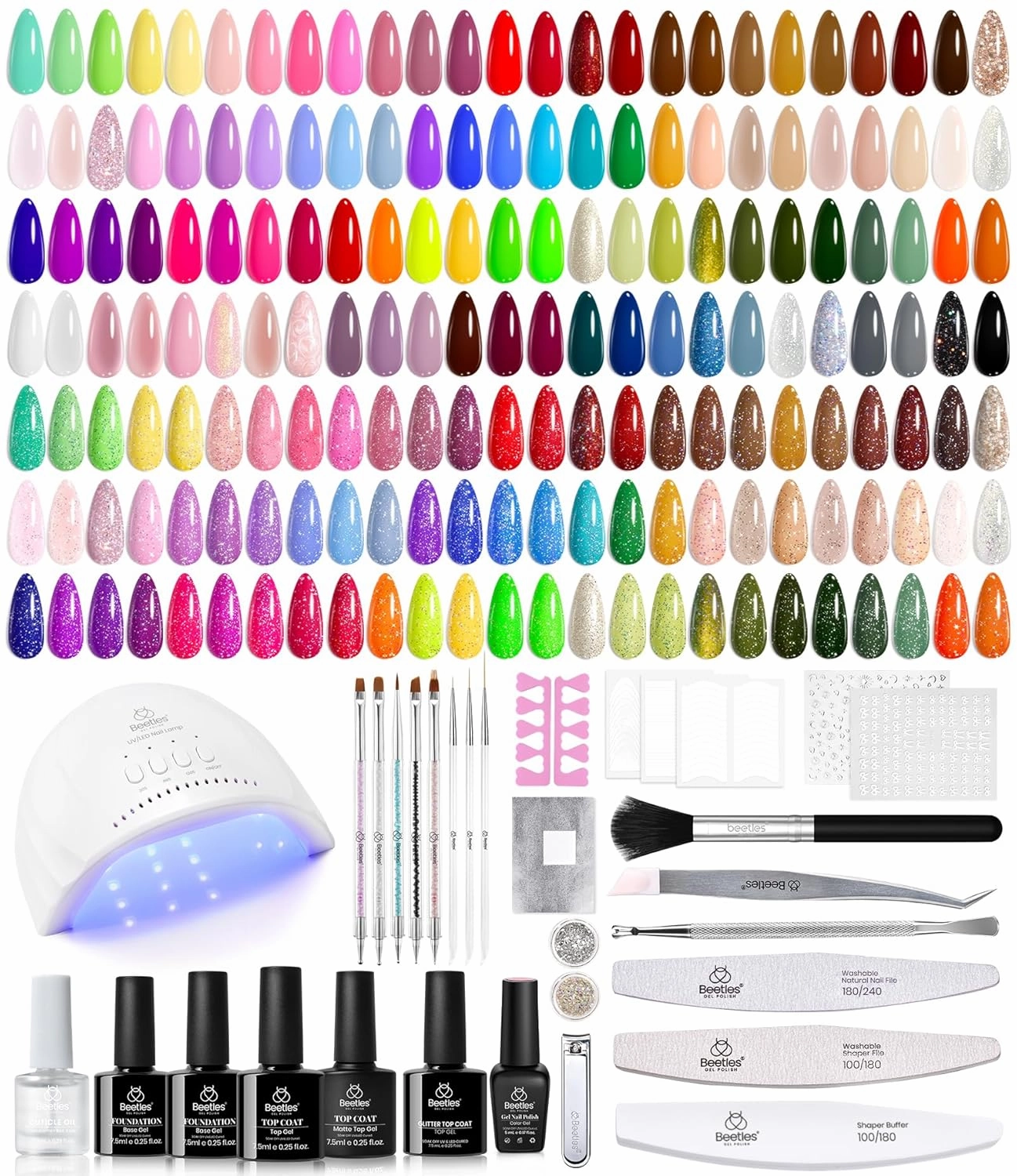 Beetles Gel Nail Polish Kit with U V Light, 100 Colors Gel Polish 133 Pcs Nail Stuff Kit for All Seasons with Base and Matte&Glossy Top Coat Infinite Inspirations Soak Off Gifts for Women Girls Teen