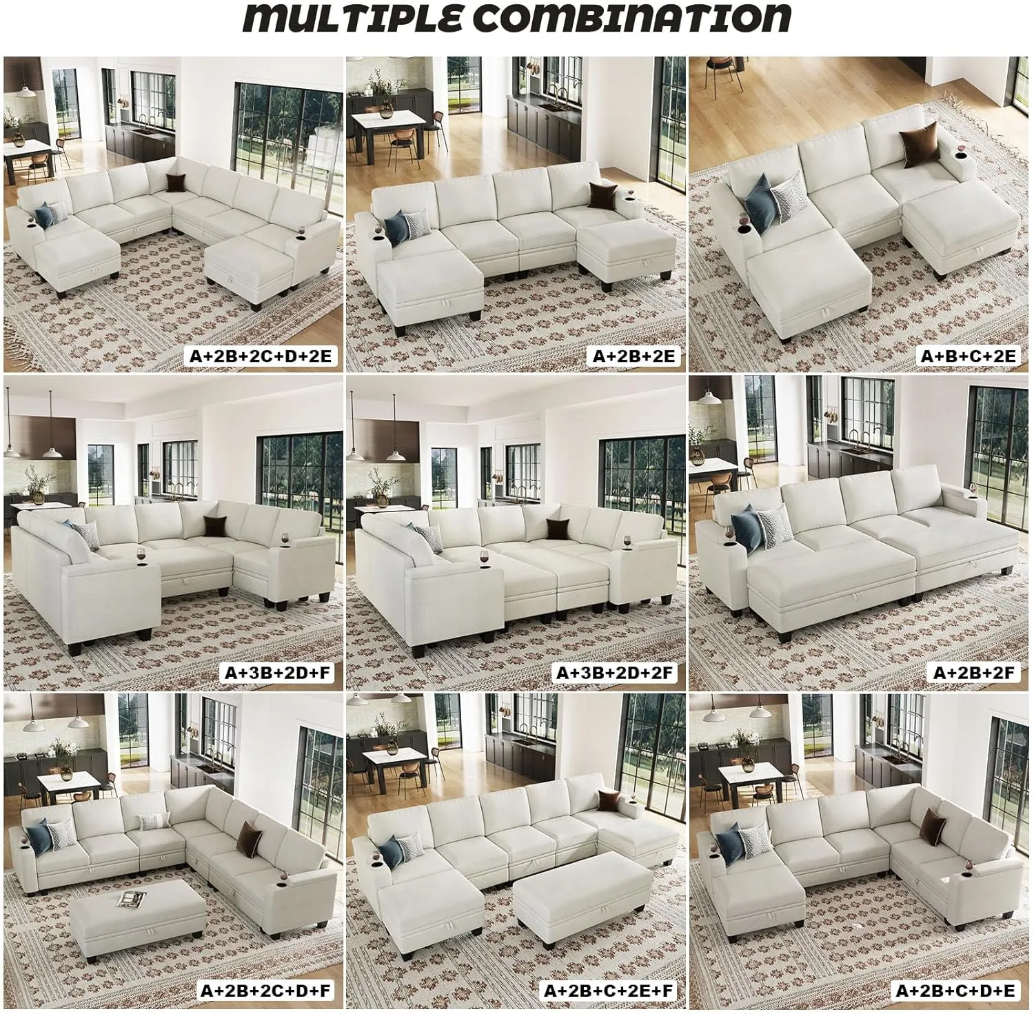 Belffin Modular Sectional Sofa Couch with Storage U Shape Convertible Corner Couches for Living Room White Couch