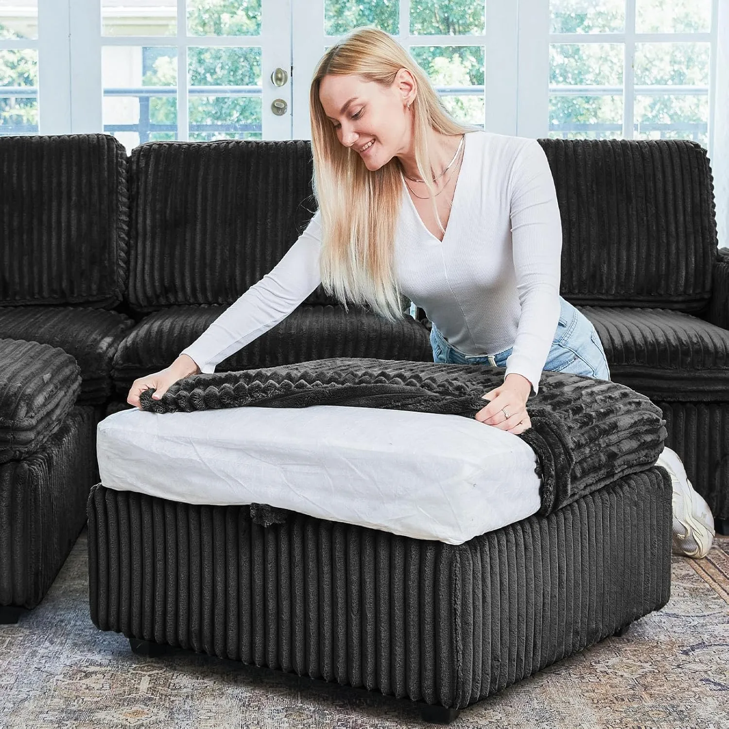 Belffin Modular Sectional Sofa with Storage Ottoman, Oversized Cloud Couch Sectional with Extra Deep Seat, Convertible Upholstered U Shaped Sectional Couches for Living Room, Plush Corduroy Black