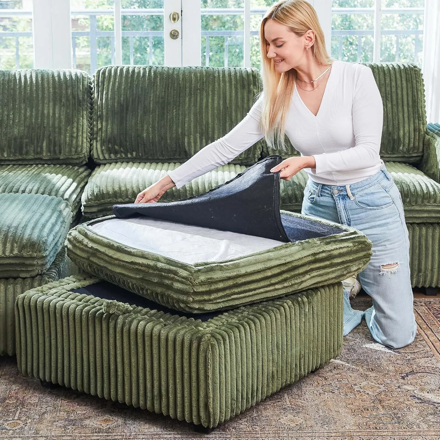 Belffin Modular Sectional Sofa with Storage Ottoman, Oversized Cloud Couch Sectional with Extra Deep Seat, Convertible Upholstered U Shaped Sectional Couches for Living Room, Plush Corduroy Green