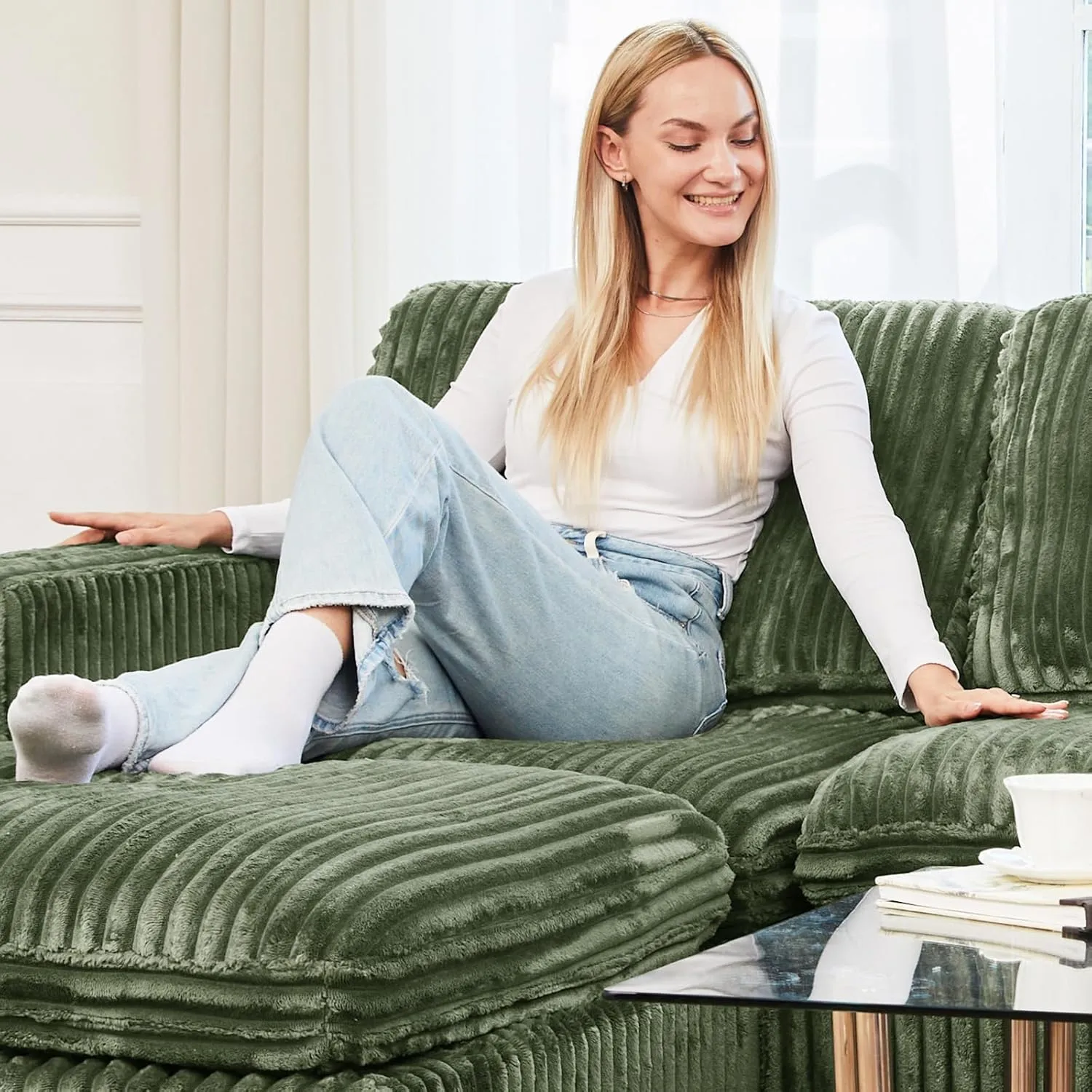 Belffin Modular Sectional Sofa with Storage Ottoman, Oversized Cloud Couch Sectional with Extra Deep Seat, Convertible Upholstered U Shaped Sectional Couches for Living Room, Plush Corduroy Green