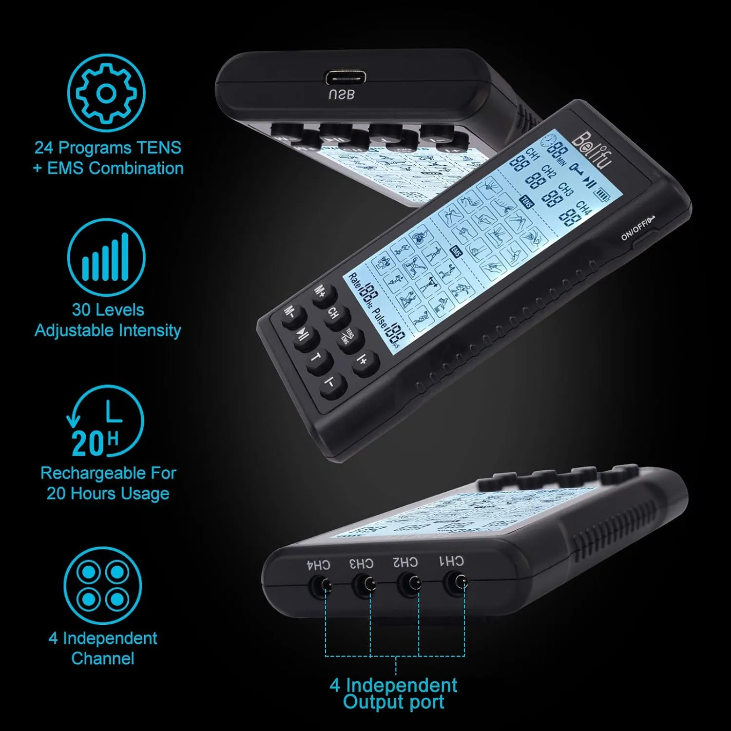 Belifu 4 Independent Channel TENS EMS Unit, 24 Modes,30 Level Intensity Muscle Stimulator Machine, Rechargeable Electric Pulse Massager with 10 Pads&5 Set Leads Wires, for Pain Relief Therapy(Black)