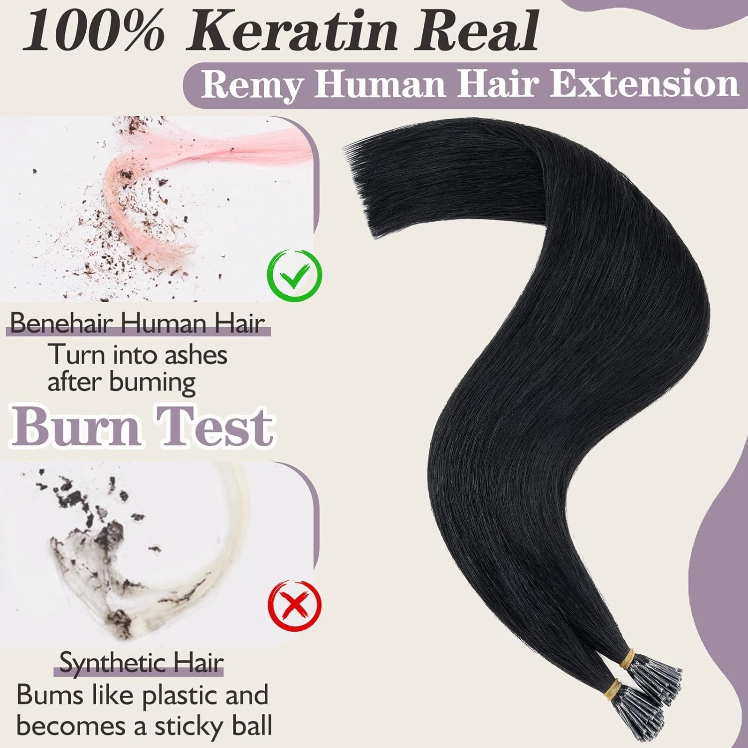 Benehair I Tip Hair Extensions Human Hair Jet Black Straight Remy Stick Tip Hair Extensions 20 Inch 1g/s 50g/pack Pre Bonded I Tip Human Hair Extensions for Thinning Hair(#1 Jet Black, 20")