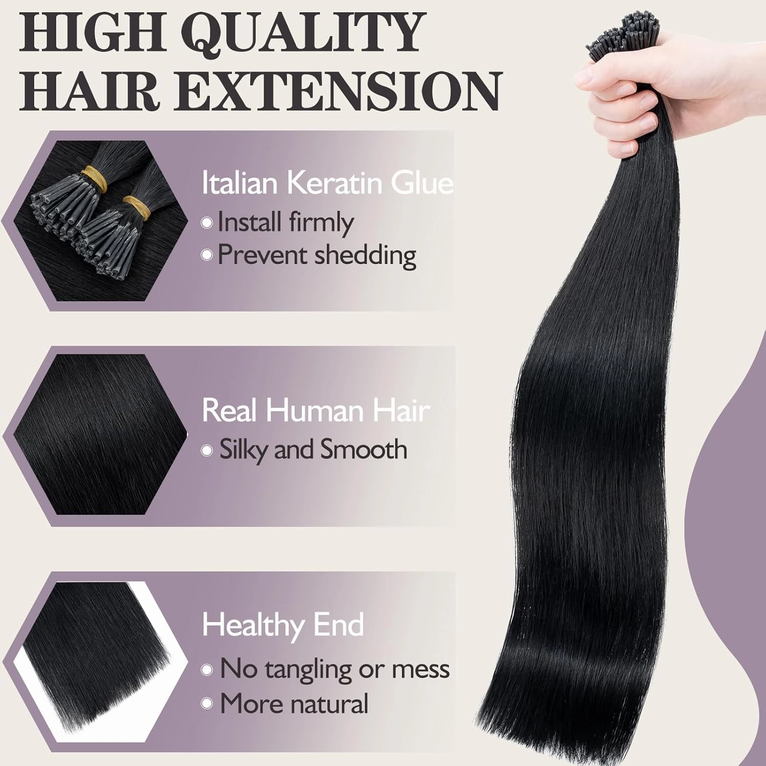 Benehair I Tip Hair Extensions Human Hair Jet Black Straight Remy Stick Tip Hair Extensions 20 Inch 1g/s 50g/pack Pre Bonded I Tip Human Hair Extensions for Thinning Hair(#1 Jet Black, 20")