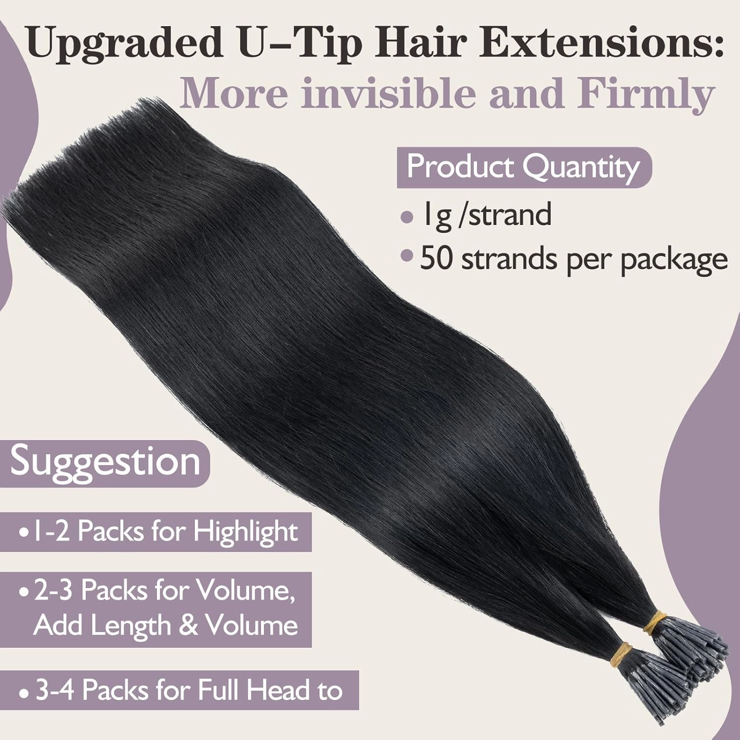 Benehair I Tip Hair Extensions Human Hair Jet Black Straight Remy Stick Tip Hair Extensions 20 Inch 1g/s 50g/pack Pre Bonded I Tip Human Hair Extensions for Thinning Hair(#1 Jet Black, 20")