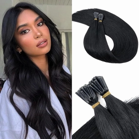 Benehair I Tip Hair Extensions Human Hair Jet Black Straight Remy Stick Tip Hair Extensions 20 Inch 1g/s 50g/pack Pre Bonded I Tip Human Hair Extensions for Thinning Hair(#1 Jet Black, 20")