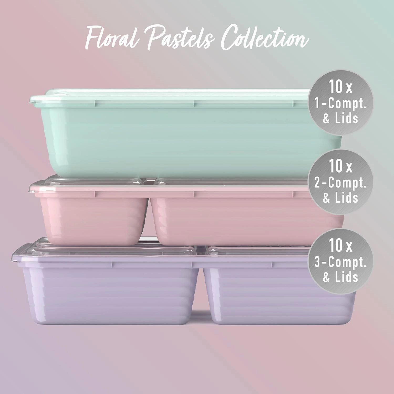 Bentgo Prep 60-Piece Meal Prep Kit - Reusable Food Containers 1-Compartment, 2-Compartment, & 3-Compartments for Healthy Eating - Microwave, Freezer, & Dishwasher Safe (Floral Pastels)