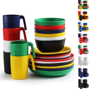 Berglander Plastic Dinnerware Sets 24pcs Service for 6, Reusable Plates and Bowls Sets, Dish Set Include Dinner Plates, Dessert Plate, Cereal Bowls, Cups for Home, Garden, Picnic, Camping